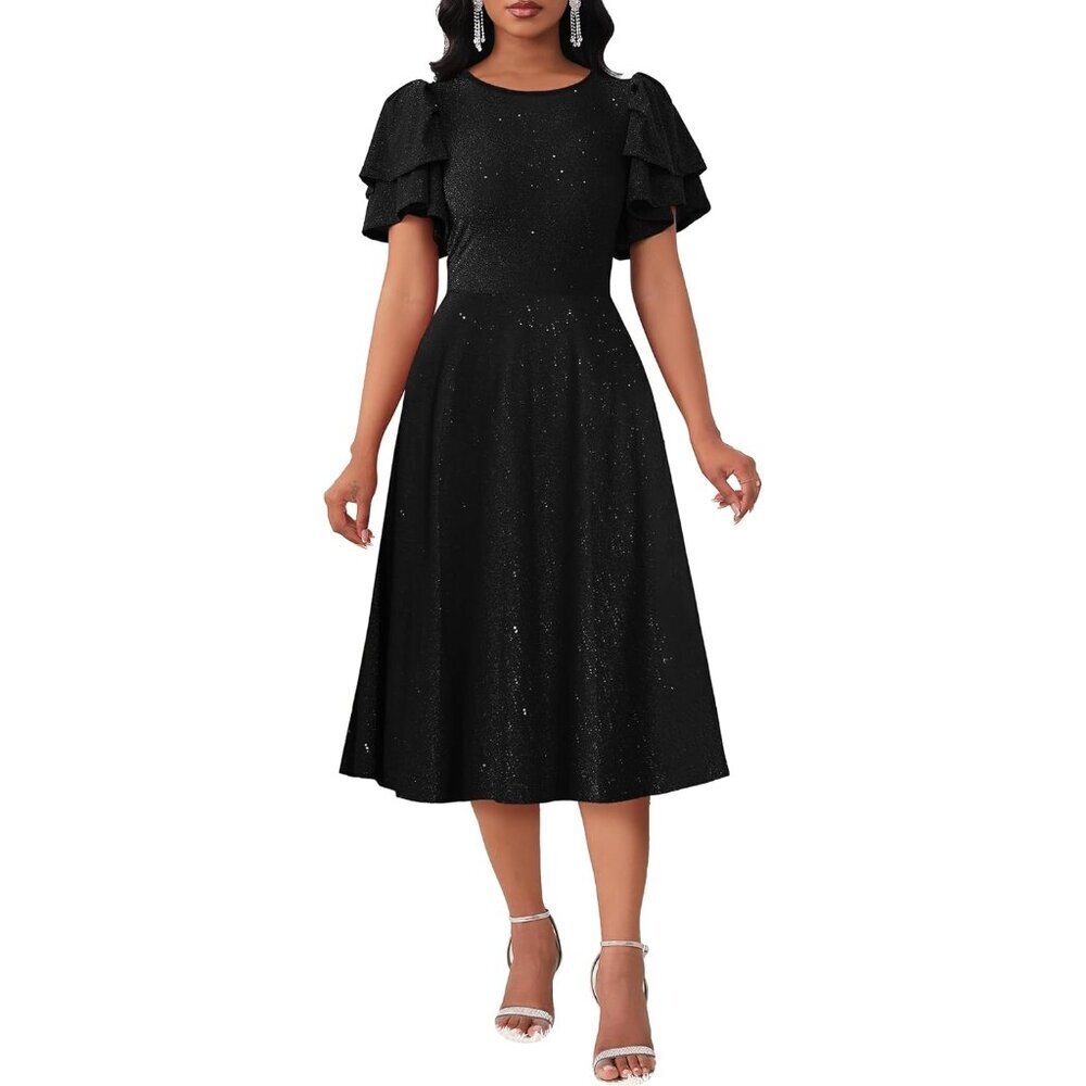 Women's Ruffle Short Sleeve Sparkly Midi Dress Polyster Zipper Pockets
